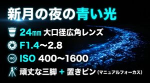 新月の夜の青い光を撮るための24mm大口径広角レンズや頑丈な三脚、置きピンなどの機材と設定