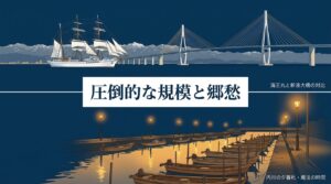 海王丸と新湊大橋の対比、および夕暮れ時のノスタルジックな内川の風景
