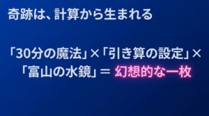 30分の魔法、引き算の設定、富山の水鏡が掛け合わさることで幻想的な一枚が生まれるという撮影のまとめ