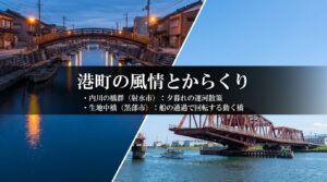 港町の風情とからくり。夕暮れの運河散策が楽しめる内川の橋群と、船の通過で回転する動く橋、生地中橋の紹介。