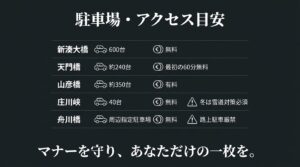 富山の橋フォトスポットにおける、駐車場やアクセスの目安。各駐車場の収容台数や料金、冬の雪道対策の注意点。