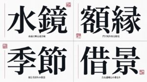 富山城公園の撮影の極意として、水鏡、額縁、季節、借景の4つのポイントをまとめたスライド画像