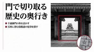 千歳御門の枠を活かした額縁構図と、石垣に潜む陰陽道の星印（五角形）の位置を示したスライド画像