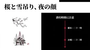 富山城公園の桜と雪吊りのイラストと、夜間ライトアップの消灯時間（樹木は21時、お城は22時）の注意書きがまとめられたスライド画像