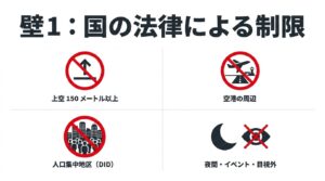 上空150メートル以上、空港周辺、人口集中地区など、国の法律による制限を示すアイコン画像
