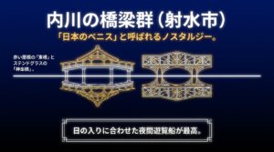 内川の橋梁群の夜景情報。「日本のベニス」と呼ばれるノスタルジーな空間で、赤い屋根の東橋やステンドグラスの神楽橋が楽しめます。