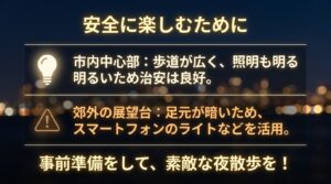 市内中心部の良好な治安状況と、郊外の展望台で足元が暗い場合のスマートフォンのライト活用など、安全に楽しむための注意喚起スライド