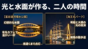 富岩運河環水公園と海王丸パークの水辺の夜景スポットを紹介するスライド
