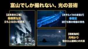 近未来的な工場夜景、春限定のホタルイカの身投げ、雨晴海岸といった富山ならではの写真撮影スポットを紹介するスライド