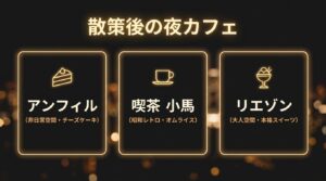 アンフィル、喫茶 小馬、リエゾンなど、散策後に立ち寄りたいおすすめの夜カフェの紹介スライド