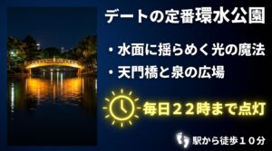 デートの定番である環水公園の特徴（毎日22時まで点灯、駅から徒歩10分など）をまとめた案内