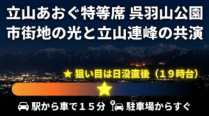 日没直後が狙い目となる、立山連峰と市街地の光が共演する呉羽山公園の案内