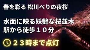 23時まで点灯し、水面に妖艶な桜並木が映る春の松川べり夜桜ライトアップの案内