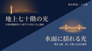 現在時刻17時：地上70階の光（市役所展望塔から見下ろす街と立山連峰）。18時：水面に揺れる光（環水公園、美しき橋と水辺の散策）。