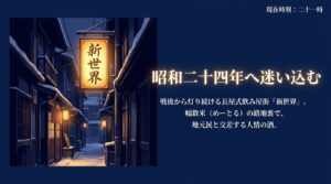 現在時刻21時。昭和24年へ迷い込む。戦後から灯り続ける長屋式飲み屋街「新世界」。幅数メートルの路地裏で、地元民と交差する人情の酒。