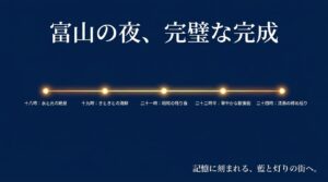 富山の夜、完璧な完成。18時：水と光の絶景。19時：きときとの海鮮。21時：昭和の残り香。22時半：華やかな歓楽街。24時：漆黒の締め括り。記憶に刻まれる、藍と灯りの街へ