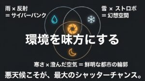 雨のリフレクションや雪のストロボなど環境を味方にすることで、悪天候こそが最大のシャッターチャンスになるというメッセージ。