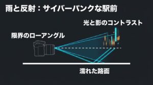 雨天時の駅前でサイバーパンクなリフレクションを狙う、限界ローアングルの図解。