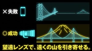 広角レンズで山が遠く小さく写る失敗例と、望遠レンズで遠くの山を引き寄せる成功例の比較図解