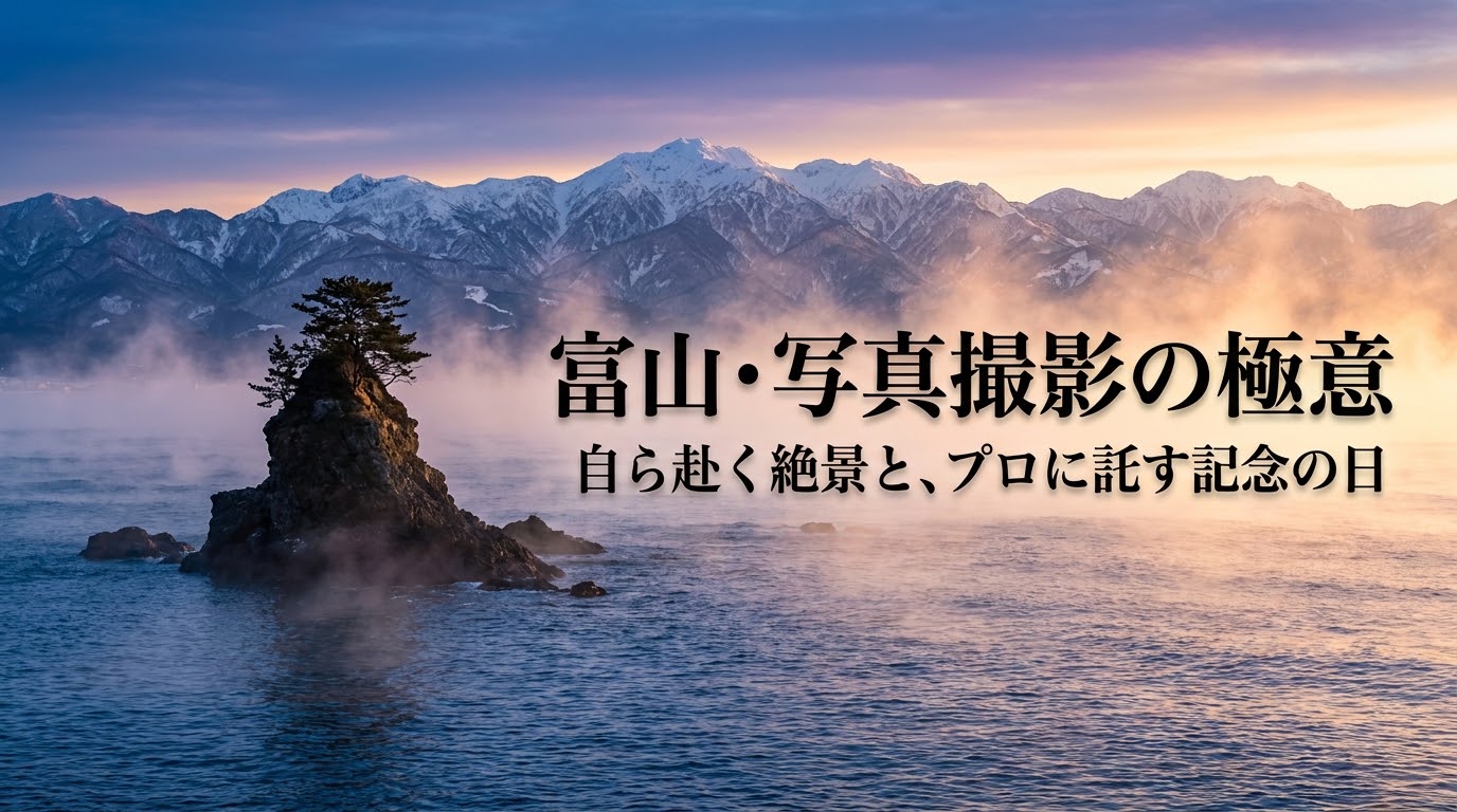 写真撮影の極意。自ら赴く絶景と、プロに託す記念の日の2つの道を案内するタイトルスライド。