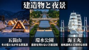 季節と時間が織りなす富山の厳選5か所。雨晴海岸、みくりが池、五箇山、環水公園、海王丸の撮影条件や狙いをまとめたスライド。