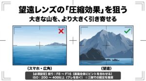 スマホの広角と望遠レンズによる圧縮効果の比較、および絞りF8〜F16、ISO200〜400以上などの推奨設定の図解