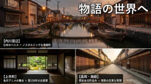 雨晴海岸やみくりが池、内川周辺など、富山を代表する定番の絶景や星空、アニメ・映画のロケ地をまとめたスライド