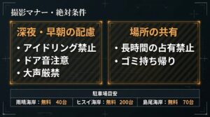 屋外でカメラを密閉し室内で温度適応させる結露対策の手順と、深夜早朝の騒音配慮や駐車場の目安など撮影マナーのまとめ