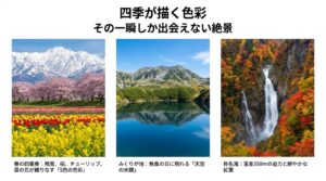 あさひ舟川の春の四重奏、みくりが池、称名滝の美しい写真とともに、富山の四季折々の自然スポットを紹介する解説スライド