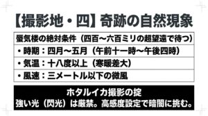 蜃気楼の絶対条件（四月〜五月の午前十一時〜午後四時、気温十八度以上で寒暖差大、風速三メートル以下の微風）と、ホタルイカ撮影の掟（強い光は厳禁、高感度設定で暗闇に挑む）をまとめたスライド。