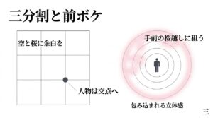 三分割構図で空と桜に余白を作り人物を交点に配置するコツと、前ボケで立体感を出すテクニック