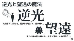 逆光で髪を輝かせ、望遠レンズの圧縮効果で背景をぼかして人物を際立たせる魔法