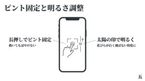スマホカメラで画面を長押ししてピントを固定し、太陽のマークで明るさを調整する方法