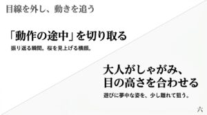 目線を外して動作の途中を切り取るポージングと、大人がしゃがんで子供の自然な表情を狙う撮影術