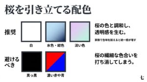 桜を引き立てる白や水色などの推奨カラーと、避けるべき真っ黒や濃い原色などのNGカラー
