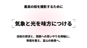 「気象と光を味方につける技術の探求と、周囲への思いやりを両輪に。準備を整え、富山の絶景へ。」と書かれたまとめのスライド画像