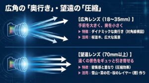 広角レンズによるダイナミックな奥行きと、望遠レンズによる圧縮効果を活かした桜の構図作り