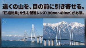 広角レンズと望遠レンズの比較。遠くの雪山を目の前に引き寄せる200mmから400mmの圧縮効果の解説