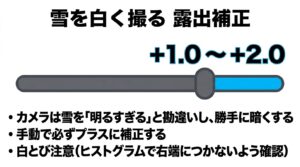 雪を白く撮るためのプラスの露出補正と、空気感を演出するホワイトバランスの設定値