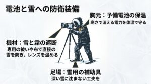 雪中撮影における防衛装備の図解。胸元での予備電池の保温、機材への雪や霜の直接的な遮断、足場が深い雪に沈まないための雪用補助具の使用方法を説明するイラスト。