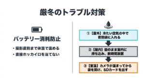 バッテリーの消耗を防ぐ方法と、密閉袋を使ったカメラの結露対策の手順