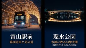 イルミネーションで彩られた富山駅前と、光の道を走る路面電車