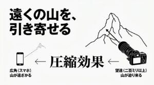 スマホの広角レンズと望遠レンズの違いを比較し、望遠レンズで遠くの山を引き寄せる圧縮効果を解説した図解
