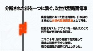 駅の高架下を貫通して南北の路線が完全に接続し、街の回遊性が向上した次世代型路面電車（LRT）の解説