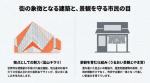 世界的な建築家が手掛けたTOYAMAキラリの紹介と、景観を育む「うるおい景観とやま賞」の仕組み