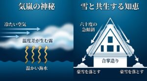 冷たい空気と温かい海水の温度差によって海面から霧が立ち上る、雨晴海岸の「気嵐」のメカニズムを解説した図