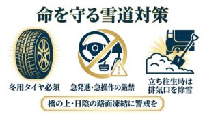冬用タイヤの必須装着、立ち往生時の排気口の除雪、路面凍結への警戒など、雪道運転の重要対策をまとめた図