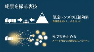 望遠レンズによる圧縮効果の仕組みと、ストロボ発光で降る雪を丸い玉ボケにする撮影テクニックを解説した図