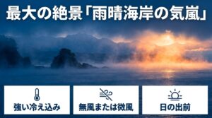 気嵐が発生する条件：強い冷え込み、無風または微風、日の出前