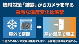 カメラを結露から守る手順。急激な温度変化を避け、屋外で密閉してから寒い部屋で順応させる。